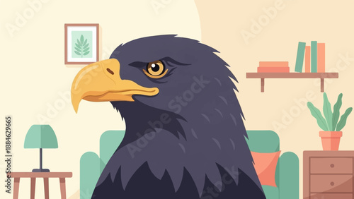 A bold eagle portrait in a cozy room with a plant and books