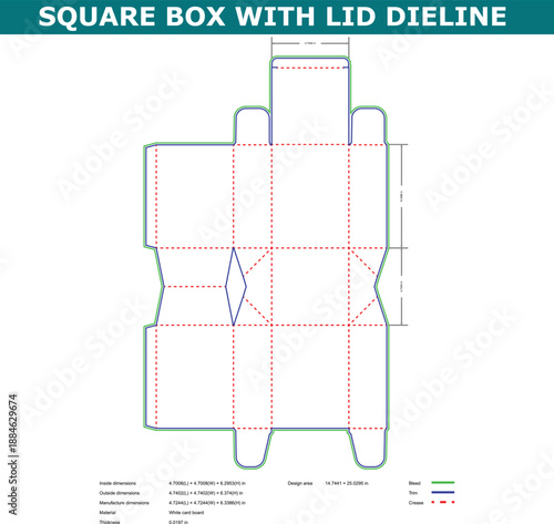 A technical diagram of a square box with lid die line on a white background