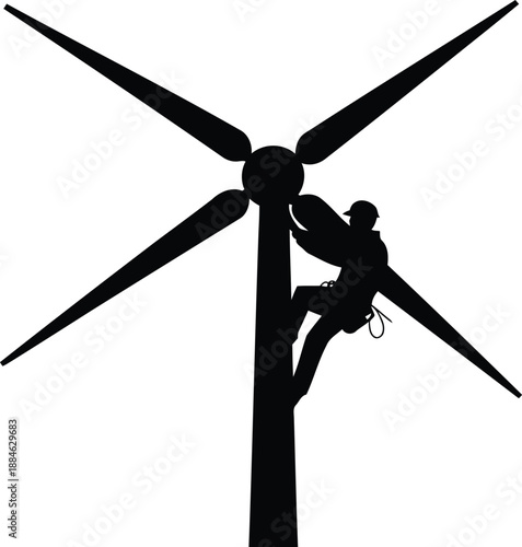 Wind turbine technician climbing silhouette vector.
