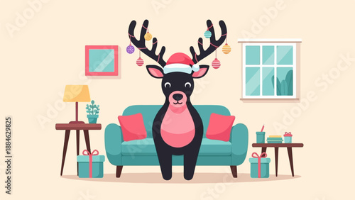A cartoon reindeer wearing a Santa hat sits in a living room