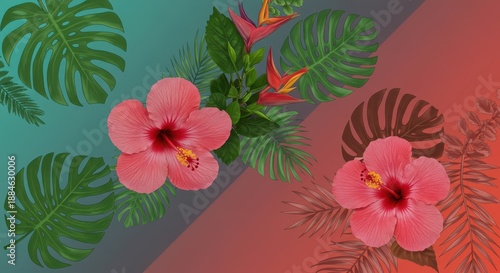 Vibrant abstract pattern featuring large colorful hibiscus blossoms and lush tropical foliage tilted diagonally, creating a dynamic summer background texture, tropical, decorative, summer