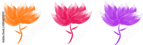 A vibrant watercolor illustration showcases three abstract flowers in shades of orange pink and purple each with delicate stems high quality professional detailed