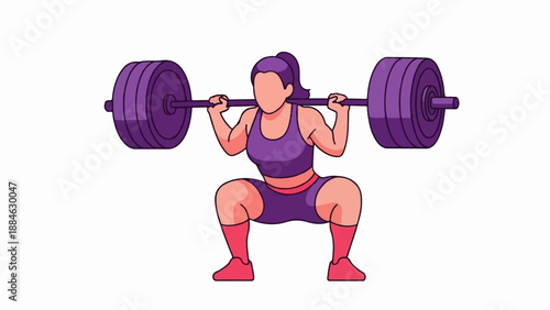 A cartoon woman in athletic wear performs a squat with a weighted barbell