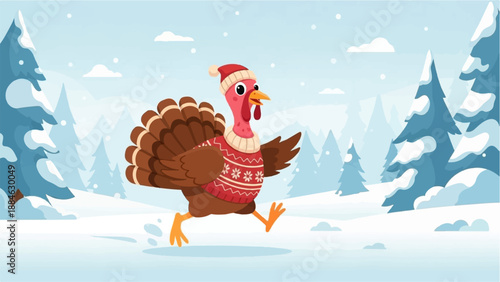 A cartoon turkey wearing a festive sweater and hat runs through a snowy forest