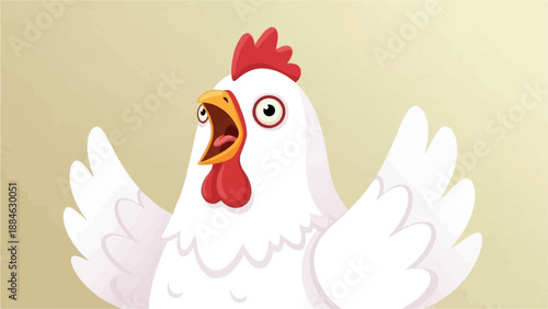 A cartoon white chicken with its mouth open wide in surprise, showing pink tongue