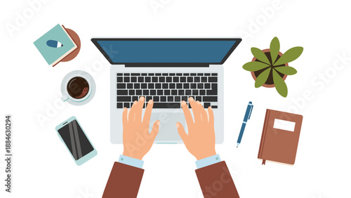 Hands typing on a laptop keyboard, surrounded by office essentials on a clean white desk, representing productivity and remote work.