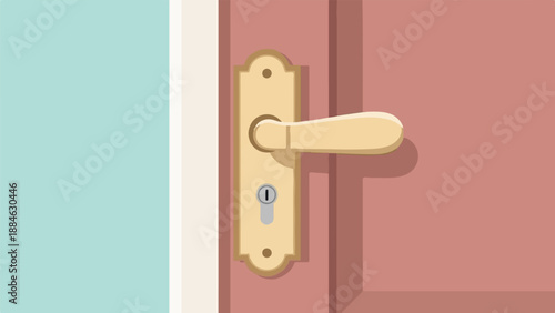 A close-up view of a gold door handle and lock on a pink door