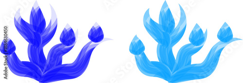 A digital illustration showcasing two vibrant stylized blue flame or plant like forms with curving shapes and pointed tips isolated on a white background
