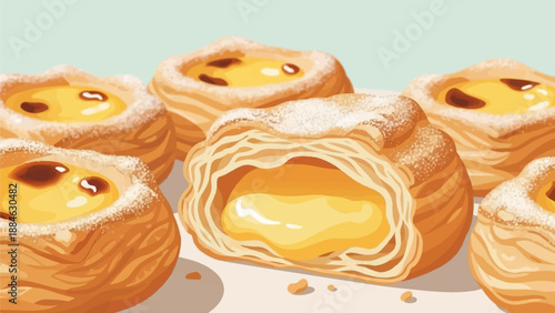 A close-up, stylized illustration of several golden-brown baked pastries filled with creamy custard
