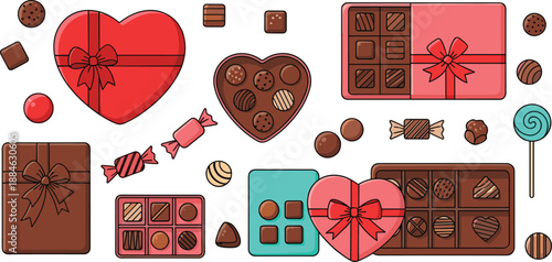 Valentine chocolate gift boxes and assorted candies vector illustration, heart shaped packaging, romantic confectionery collection for holiday celebration design