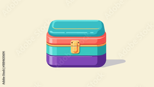 A colorful, stacked lunchbox with a clasp, isolated on a pale background