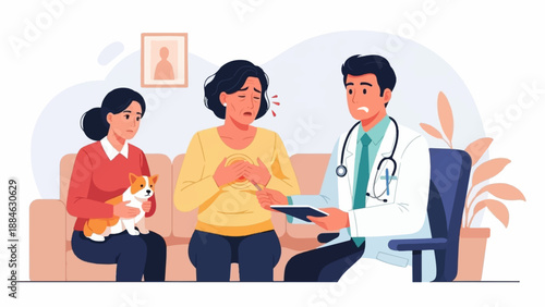 A concerned doctor consults with a distressed patient and her companion