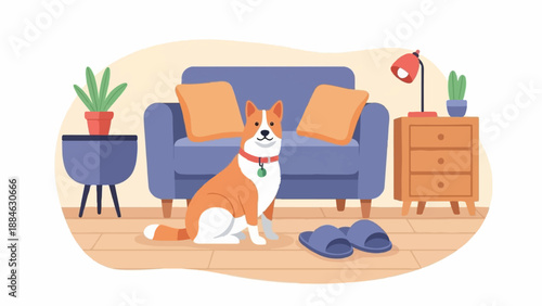A corgi dog sits happily in a cozy living room with a blue couch and plants