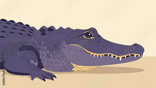 A detailed illustration of a large alligator resting with its snout pointed to the right