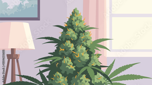 A detailed illustration of a mature cannabis plant with prominent buds in a domestic setting