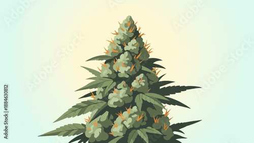 A detailed, stylized illustration of a cannabis bud with prominent green buds