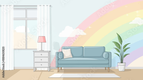 A cozy room features a pastel rainbow wall, a blue sofa, a nightstand with a lamp, and a plant