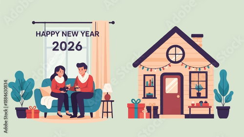 A couple celebrates the New Year at home in front of a decorated house