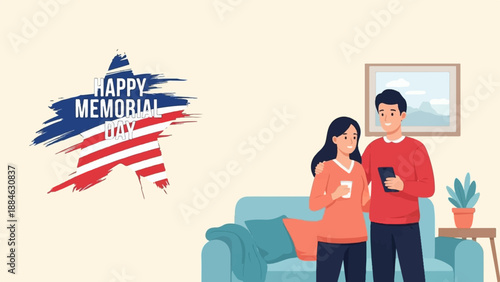 A couple celebrating Memorial Day indoors with a patriotic star graphic