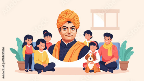 A dignified man in a turban and a group of children and a dog gather around