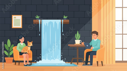 A cozy room with a woman and dog on one side, man with laptop on other