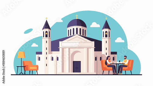 A couple dines outside a grand building with a domed roof and towers