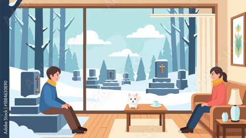 A cozy room with a winter cemetery view, featuring a dog and two people