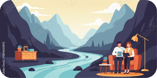 A couple discusses documents on a sofa, with a river and mountains behind