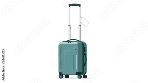 Modern blue-green wheeled suitcase with an extended telescopic handle and luggage tag, ready for travel and airport journeys.
