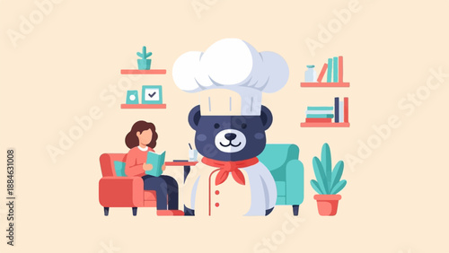 A cozy scene with a reading woman and a chef bear