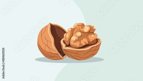 A cracked walnut reveals its textured kernel on a light blue background