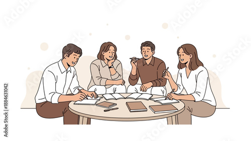 Diverse team collaborating on a project at a round table, discussing ideas