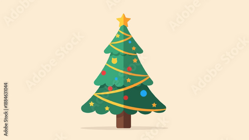 A festive green Christmas tree adorned with ornaments, garlands, and a star