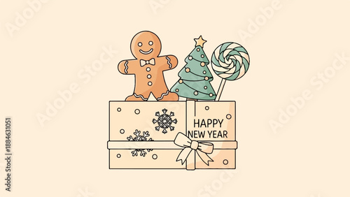 A festive holiday gift box with a gingerbread man, tree, and lollipop