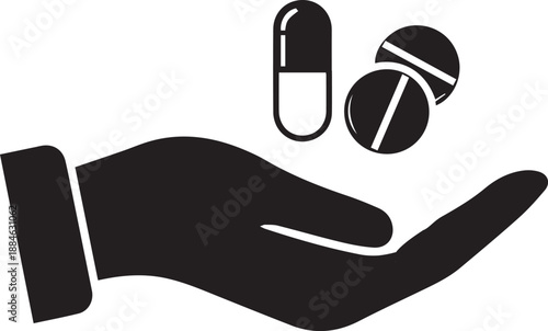 Hand holding a medical capsule and two round pill tablets, representing pharmaceutical treatment, medication dosage, and healthcare support. Minimalist black vector icon for pharmacy services.