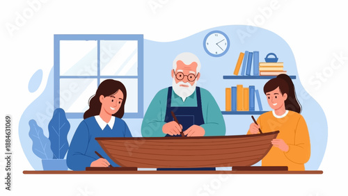 A craftsman and two apprentices work on a wooden boat model indoors