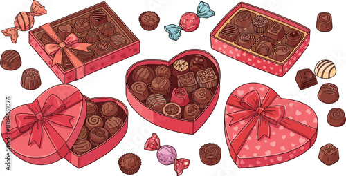 Valentine chocolate heart gift boxes and assorted candies vector illustration, romantic confectionery packaging collection for love themed holiday designs