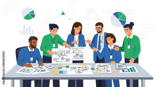 Diverse team brainstorming and planning business strategy with charts and diagrams