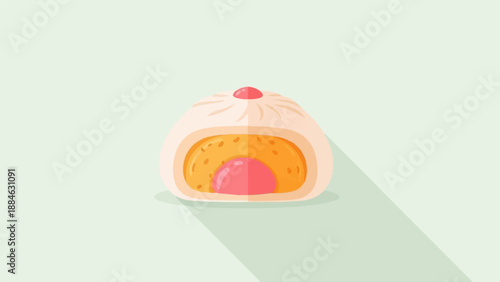 A cross-section of a sweet, creamy bun with a red filling