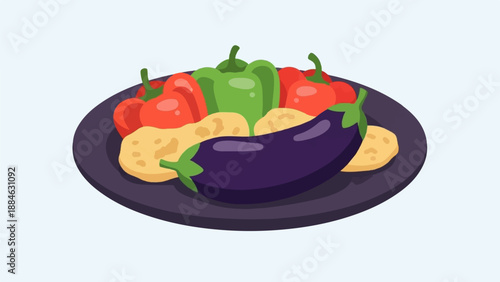 A dark plate holds an eggplant, bell peppers, and potato slices
