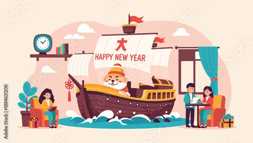 A festive ship with a dog captain sails as people celebrate indoors