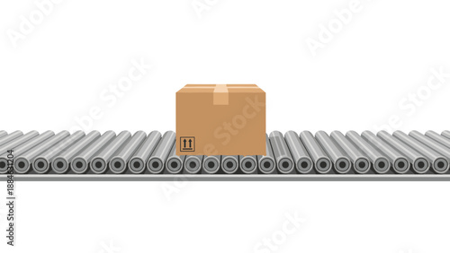 Cardboard box with shipping symbols moving steadily on a roller conveyor belt, illustrating automated logistics and packaging process.