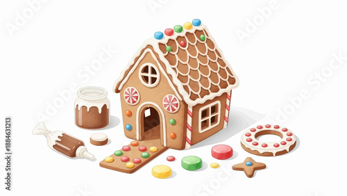 A decorated gingerbread house with various candy and frosting elements