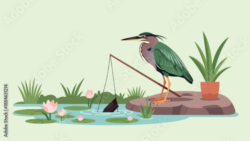 A heron fishes in a pond with lily pads, a shoe bait, and a potted plant