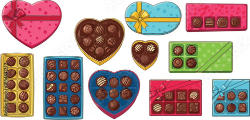Colorful chocolate gift boxes and heart shaped assorted candies vector illustration, festive confectionery packaging collection for Valentine celebration designs