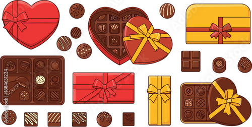 Valentine chocolate gift boxes and heart shaped assorted candies vector illustration, festive confectionery packaging collection for holiday celebration designs
