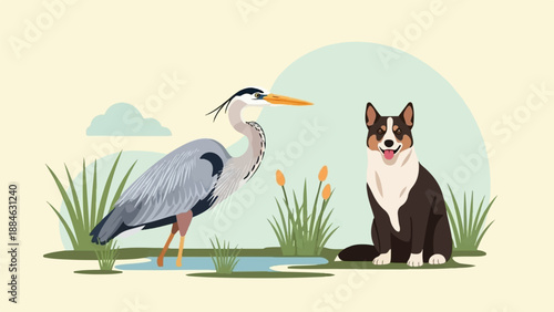 A heron stands by water and a dog sits in the grass