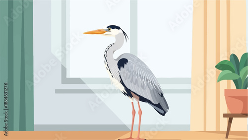 A heron stands tall indoors beside a window and a potted plant