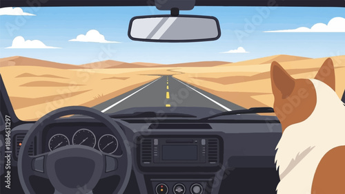 A dog looks out the window from a car driving on a desert road