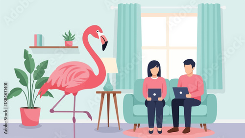 A flamingo statue stands near a window with two people on a couch using laptops